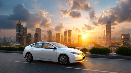 A sleek white sedan stands on a city road during sunset, with a vibrant skyline of tall buildings creating a captivating backdrop, showcasing both nature and urbanity.の素材