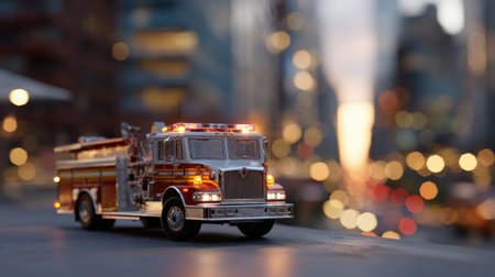 A detailed miniature fire truck with lights stands prominently against a blurred cityscape at dusk, creating a captivating and nostalgic scene.の素材
