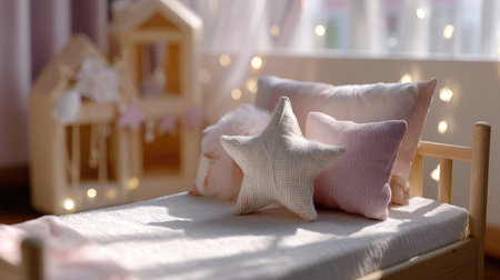 A serene children's bedroom scene featuring soft pillows, a plush star cushion, and natural light creating a warm, inviting atmosphere for play and rest.の素材