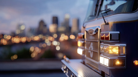 A close-up view of a fire truck illuminated at dusk, showcasing city skyline lights in the background. Perfect for themes of urban safety and emergency response.の素材