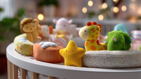 A cheerful arrangement of soft, colorful baby plush toys in a crib setting, featuring adorable animals and a star, creating a warm and cozy atmosphere.の素材