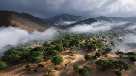 This breathtaking landscape showcases lush greenery and majestic mountains partially shrouded in fog, creating a serene and tranquil atmosphere.の素材