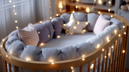 This image features a cozy baby crib adorned with soft textiles and twinkling string lights, creating a serene and elegant nursery atmosphere.の素材