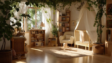 This image showcases a cozy living room filled with natural light and lush greenery, ideal for relaxation or home decor inspiration. The warm wooden elements and soft colors create a serene environment perfect for family gatherings or quiet moments.の素材