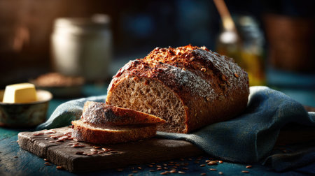 A beautifully captured whole grain bread loaf resting on a wooden board, with warm slices beside it and a touch of butter, creating a wholesome scene.の素材