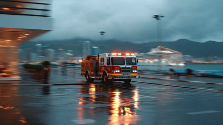 A vibrant scene captures a fire truck speeding through a rain-soaked city street, showcasing reflections on the pavement and city lights in a dramatic urban environment.の素材