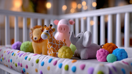 A charming scene featuring soft plush toys including a lion, pig, giraffe, and elephant in a cozy crib setting. Colorful balls add vibrancy. Perfect for baby decor.の素材