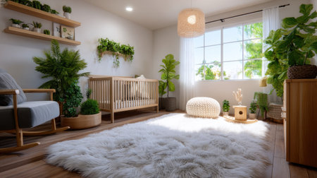 This charming infant room features warm natural light, lush green plants, and modern decor elements. The cozy environment is perfect for relaxation and nurturing.の素材