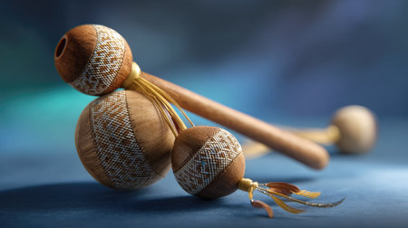 This image features beautifully handcrafted wooden maracas embellished with intricate patterns and vibrant tassels, set against a soft blue background.の素材