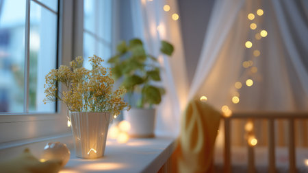 This image showcases a cozy bedroom interior featuring decorative plants and warm ambient lighting, creating a serene and comfortable atmosphere ideal for relaxation.の素材