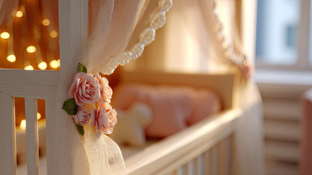 A cozy nursery scene featuring a lovely crib adorned with soft roses, bathed in delicate warm light, creating a peaceful ambiance for baby.の素材