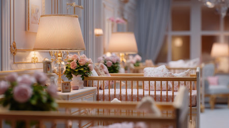 This beautifully designed nursery features elegant cribs, soft lighting, and charming floral arrangements, creating a cozy and stylish environment for newborns.の素材