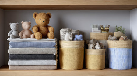 A charming display featuring plush toys and soft, neatly folded fabrics in a modern nursery shelving unit, creating a cozy and inviting atmosphere for children.の素材