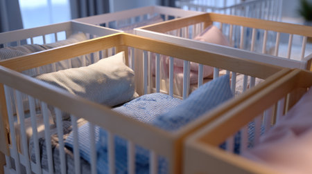 This image showcases a modern nursery featuring stylish cribs with soft bedding, creating a cozy and peaceful sleep environment for infants.の素材