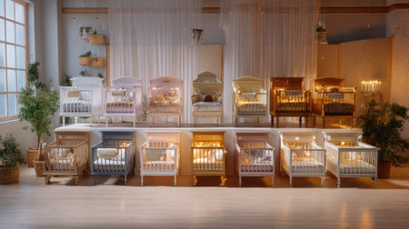 This enchanting nursery scene features multiple beautifully arranged cribs, illuminated by soft lighting, creating a peaceful and inviting atmosphere for babies and parents alike.の素材