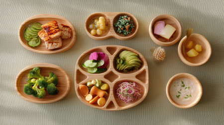 A beautifully arranged healthy meal featuring a variety of fresh fruits and vegetables in wooden bowls, perfect for nutritious snacking or meal prep.の素材