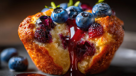 A beautifully crafted muffin topped with an assortment of fresh mixed berries, oozing with berry jam, perfect for enhancing any culinary moment.の素材