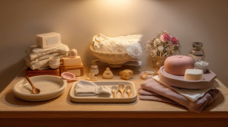 This elegant display features an array of bath essentials arranged on a wooden surface, showcasing cozy tones and minimalist design elements. Perfect for promoting relaxation and self-care.の素材
