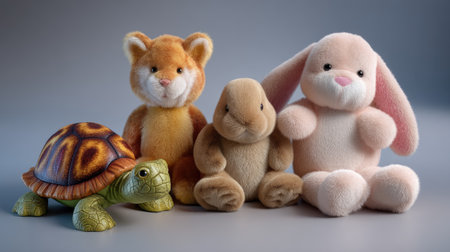 This charming image showcases a delightful collection of four cuddly plush toys, perfect for children's playtime and nursery decor. Ideal for gifting and sparking creativity.の素材