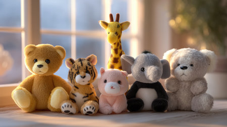 A heartwarming scene featuring an array of adorable plush toys in soft colors, illuminated by warm sunlight. Perfect for evoking childhood joy and comfort.の素材
