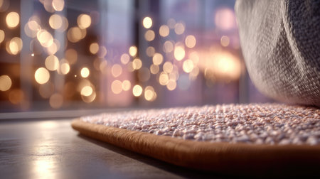 A cozy interior scene featuring a decorative rug with intricate texture and soft tones, accompanied by enchanting bokeh lights, evoking warmth and comfort.の素材