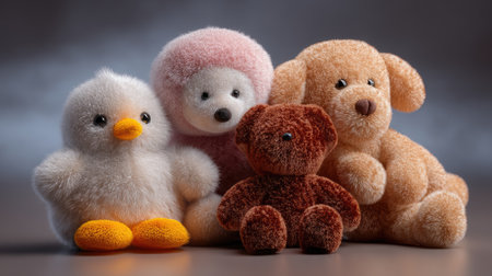 This charming image showcases four delightful plush toys, each exhibiting a unique character and soft textures, perfect for comforting children.の素材