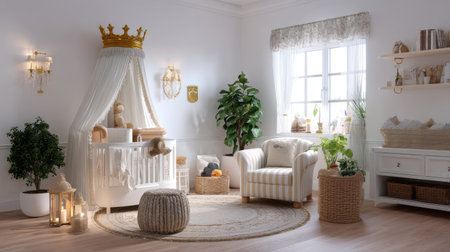 This beautifully designed nursery features a crown canopy crib, soft textiles, and natural light streaming through the window, creating a calming atmosphere for babies.の素材