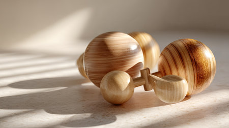 This image features elegant wooden toys arranged on a soft surface, beautifully illuminated by natural light, showcasing playtime creativity and childhood joy.の素材