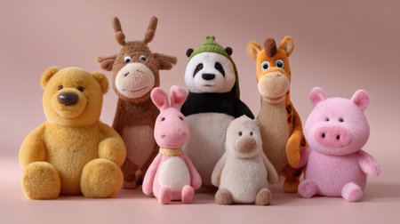 This charming image showcases an assortment of colorful plush toys including a bear, a panda, a giraffe, and a pig. Perfect for evoking joy and nostalgia.の素材