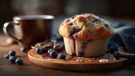 A freshly baked blueberry muffin rests on a rustic wooden table next to a cup of coffee and scattered berries, creating a warm and inviting breakfast scene.の素材