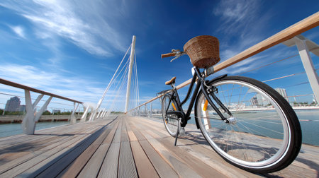 An inviting image of a bicycle resting on a modern wooden bridge, under a bright blue sky with fluffy clouds. Perfect for themes of travel, adventure, and leisure.の素材