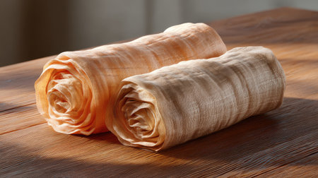 Two elegantly rolled fabrics in soft shades of peach and cream are beautifully arranged on a wooden table, illuminated by natural light.の素材