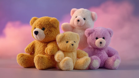 A delightful scene featuring soft and colorful plush teddy bears, evoking feelings of childhood joy and comfort, perfect for decorating nurseries or gifting.の素材