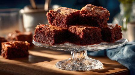 A stunning display of rich chocolate brownies arranged on a glass cake stand, showcasing their moist texture and golden crust, ideal for dessert lovers.の素材