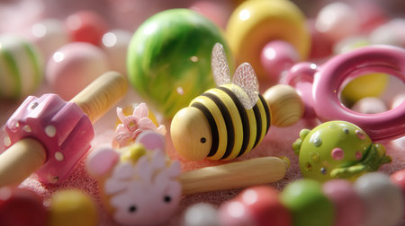 A captivating arrangement of vibrant baby toys including a charming bee, colorful balls, and playful rings, set on a soft surface. Perfect for themes of childhood and play.の素材