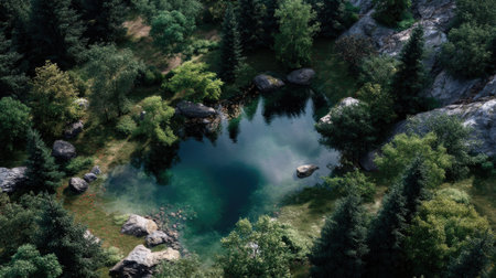 This stunning aerial photograph captures a tranquil forest pond surrounded by vibrant greenery and rugged rocks, embodying natural serenity and calm.の素材