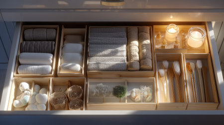 A beautifully organized storage drawer showcasing wooden dividers filled with various household items, creating a serene and minimalist space perfect for any home.の素材