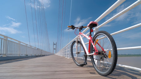 A vibrant red bicycle stands on a wooden bridge under a clear blue sky. The image captures a moment of leisure and adventure, ideal for travel themes.の素材