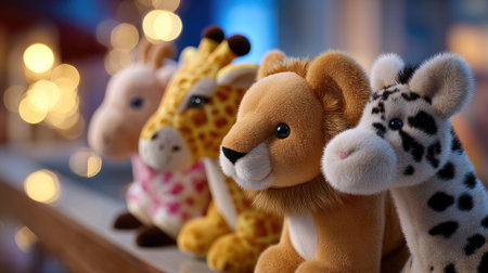This charming collection of plush stuffed animals, featuring a lion, giraffe, and leopard, exudes warmth and playfulness, perfect for childrenの素材