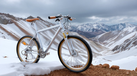 A stunning mountain bike stands in a snowy landscape, showcasing rugged terrain and dramatic mountain peaks under a cloudy sky. Perfect for adventure.の素材