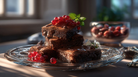 A beautifully arranged plate of rich chocolate brownies topped with fresh berries and mint leaves, perfect for indulgent desserts or sweet treats.の素材