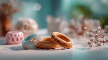 A captivating display of colorful and textured rings arranged on a wooden table, harmoniously accompanied by delicate flower accents, evoking a sense of elegance and creativity.の素材