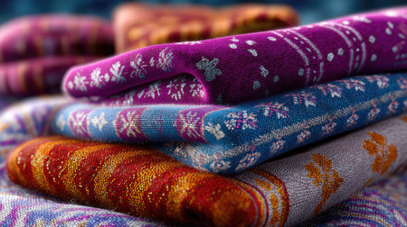 A stunning collection of colorful textiles featuring intricate patterns and vibrant shades. This visually appealing fabric stack showcases rich textures and artistry suitable for fashion and decor.の素材
