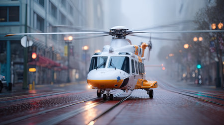 A modern helicopter positioned on a city street, surrounded by fog and urban architecture. The scene conveys transportation and motion, showcasing aviation technology in a dynamic urban setting.の素材