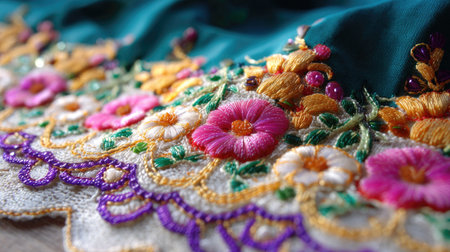 Close-up view of bright floral embroidery on soft fabric, showcasing intricate stitch work and vibrant colors. A beautiful blend of art and craft.の素材