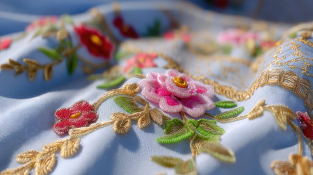 This captivating close-up image showcases exquisite floral embroidery on soft fabric, highlighting its vibrant colors and intricate craftsmanship.の素材