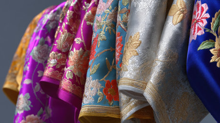 A stunning display of textiles featuring vibrant colors and intricate floral embroidery, showcasing fine craftsmanship and artistic design. Ideal for fashion and textile enthusiasts.の素材