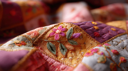 A stunning close-up view of a handcrafted quilt showcasing vibrant floral embroidery and intricate fabric patterns, conveying warmth and artistic charm.の素材