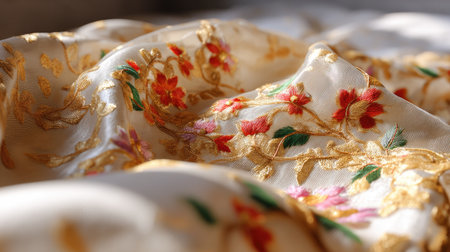 This close-up image captures the exquisite details of luxurious embroidered fabric featuring vibrant floral patterns, enhancing any design project.の素材