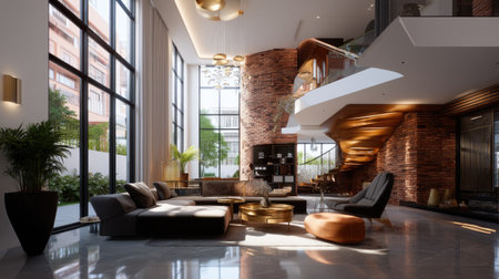 This modern elegant living room features stylish furniture and bright lighting, creating an open and inviting space perfect for relaxation and comfort.の素材